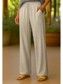 New Women's Cotton Linen Pants Chinos Fashion Basic Casual Full Length High Waist Plain Drawstring Comfort Outdoor Stretchy Vacation Street Daily Black Khaki Beige Summer Spring Regular Fit Women Pants