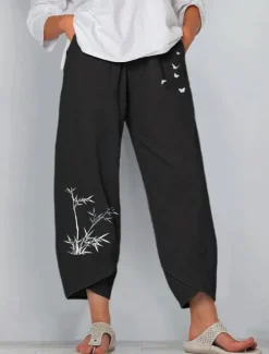 Sale Women's Cotton Linen Pants Pants Trousers Lightweight Casual Ankle-Length Low Rise Graphic Prints Pocket Breathability Comfortable Inelastic Casual Daily Weekend Navy Black ash-colored Summer Spring Women Pants
