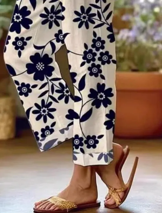 Clearance Women's Cotton Linen Pants Baggy Pants Linen Like Fashion Streetwear Full Length High Waist Floral Graphic Printing Thermal Warm Breathable Soft Micro-elastic Outdoor Daily Women Pants|Spring Pants
