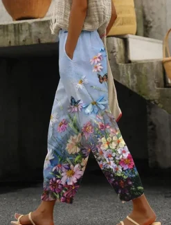 Best Women's Cotton Linen Pants Baggy Pants Linen Like Beach Vacation Vintage Fashion Ankle-Length High Waist Floral Graphic Gradient Printing Breathable Soft Micro-elastic Causal Baby blue Light Sky Blue Women Pants