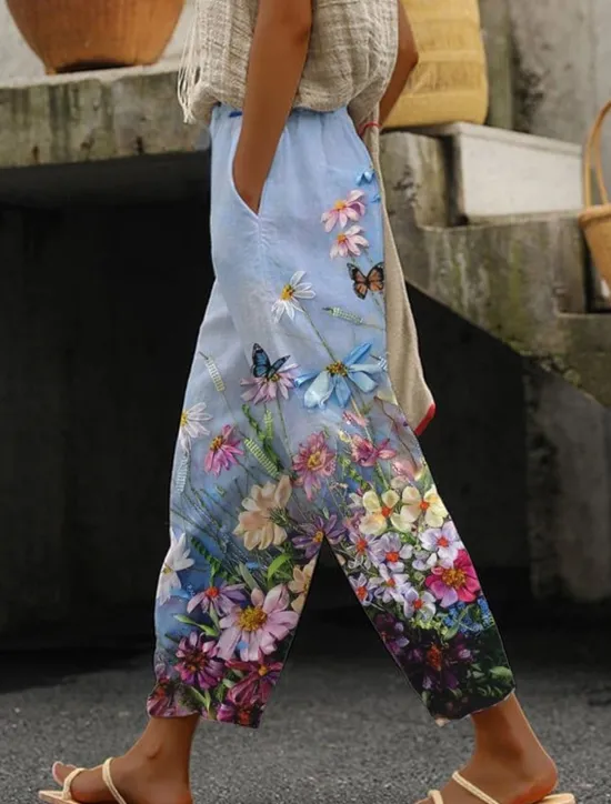 Best Women's Cotton Linen Pants Baggy Pants Linen Like Beach Vacation Vintage Fashion Ankle-Length High Waist Floral Graphic Gradient Printing Breathable Soft Micro-elastic Causal Baby blue Light Sky Blue Women Pants