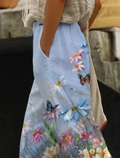Best Women's Cotton Linen Pants Baggy Pants Linen Like Beach Vacation Vintage Fashion Ankle-Length High Waist Floral Graphic Gradient Printing Breathable Soft Micro-elastic Causal Baby blue Light Sky Blue Women Pants
