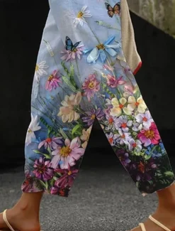 Best Women's Cotton Linen Pants Baggy Pants Linen Like Beach Vacation Vintage Fashion Ankle-Length High Waist Floral Graphic Gradient Printing Breathable Soft Micro-elastic Causal Baby blue Light Sky Blue Women Pants