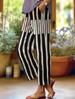 Hot Women's Cotton Linen Pants Baggy Pants Linen Like Fashion Streetwear Full Length High Waist Graphic Geometric Printing Thermal Warm Breathable Soft Micro-elastic Outdoor Daily Women Leggings