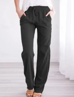 Outlet Women's Cotton Linen Pants Pants Trousers Casual Daily Long Plain Drawstring Side Pockets Breathability Comfortable Inelastic Weekend Black White Yellow Khaki Spring & Summer Regular Fit Women Pants