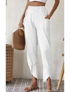 New Women's Cotton Linen Pants Pants Trousers Casual Daily Ankle-Length Plain Side Pockets Elastic Waistband Breathability Comfortable Inelastic Weekend White Blue Khaki Gray Spring & Summer Regular Fit Women Pants