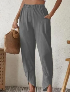New Women's Cotton Linen Pants Pants Trousers Casual Daily Ankle-Length Plain Side Pockets Elastic Waistband Breathability Comfortable Inelastic Weekend White Blue Khaki Gray Spring & Summer Regular Fit Women Pants