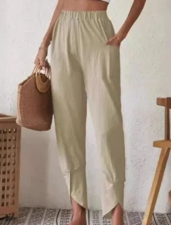 New Women's Cotton Linen Pants Pants Trousers Casual Daily Ankle-Length Plain Side Pockets Elastic Waistband Breathability Comfortable Inelastic Weekend White Blue Khaki Gray Spring & Summer Regular Fit Women Pants