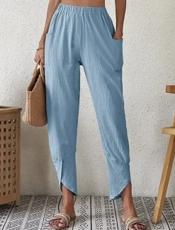 New Women's Cotton Linen Pants Pants Trousers Casual Daily Ankle-Length Plain Side Pockets Elastic Waistband Breathability Comfortable Inelastic Weekend White Blue Khaki Gray Spring & Summer Regular Fit Women Pants