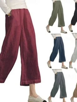 Discount Women's Cotton Linen Pants Slacks Active Casual Ankle-Length Natural Plain Pocket Elastic Waist Outdoor Comfortable Outdoor Vacation Casual Daily Wine Black Army Green Blue Summer Regular Fit Women Pants