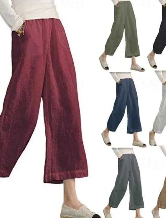 Discount Women's Cotton Linen Pants Slacks Active Casual Ankle-Length Natural Plain Pocket Elastic Waist Outdoor Comfortable Outdoor Vacation Casual Daily Wine Black Army Green Blue Summer Regular Fit Women Pants