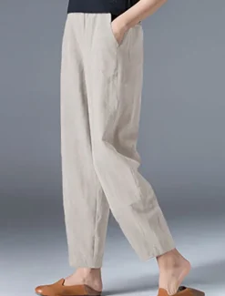 Women's Cotton Linen Pants Bloomers Baggy Pants Streetwear Simple Casual Ankle-Length Mid Waist Plain Pocket Elastic Waist Baggy Breathable Soft Outdoor Micro-elastic Outdoor Vacation Casual Daily Women Pants