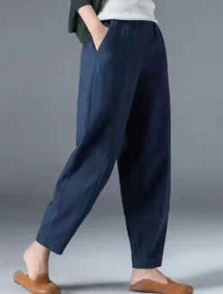 Women's Cotton Linen Pants Bloomers Baggy Pants Streetwear Simple Casual Ankle-Length Mid Waist Plain Pocket Elastic Waist Baggy Breathable Soft Outdoor Micro-elastic Outdoor Vacation Casual Daily Women Pants