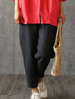 Best Women's Cotton Linen Pants Pants Trousers Baggy Pants Fashion Streetwear Full Length Mid Waist Plain Pocket Elastic Waist Baggy Breathability Soft Outdoor Micro-elastic Vacation Daily Daily Wear Women Pants