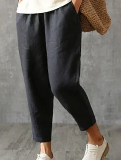 Best Women's Cotton Linen Pants Pants Trousers Baggy Pants Fashion Streetwear Full Length Mid Waist Plain Pocket Elastic Waist Baggy Breathability Soft Outdoor Micro-elastic Vacation Daily Daily Wear Women Pants