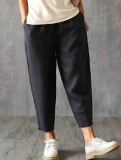 Best Women's Cotton Linen Pants Pants Trousers Baggy Pants Fashion Streetwear Full Length Mid Waist Plain Pocket Elastic Waist Baggy Breathability Soft Outdoor Micro-elastic Vacation Daily Daily Wear Women Pants