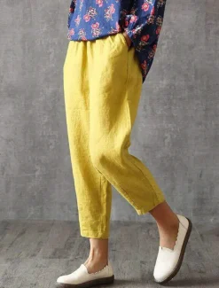Best Women's Cotton Linen Pants Pants Trousers Baggy Pants Fashion Streetwear Full Length Mid Waist Plain Pocket Elastic Waist Baggy Breathability Soft Outdoor Micro-elastic Vacation Daily Daily Wear Women Pants