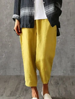Best Women's Cotton Linen Pants Pants Trousers Baggy Pants Fashion Streetwear Full Length Mid Waist Plain Pocket Elastic Waist Baggy Breathability Soft Outdoor Micro-elastic Vacation Daily Daily Wear Women Pants