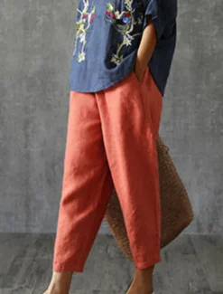 Best Women's Cotton Linen Pants Pants Trousers Baggy Pants Fashion Streetwear Full Length Mid Waist Plain Pocket Elastic Waist Baggy Breathability Soft Outdoor Micro-elastic Vacation Daily Daily Wear Women Pants