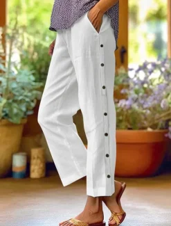 Outlet Women's Cotton Linen Pants Cropped Pants Fashion Casual Ankle-Length Mid Waist Plain Elastic Waist Breathable Comfortable Street Daily Wear Going out Black White Navy Blue Sky Blue Summer Regular Fit Women Pants