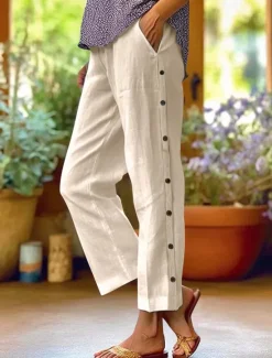 Outlet Women's Cotton Linen Pants Cropped Pants Fashion Casual Ankle-Length Mid Waist Plain Elastic Waist Breathable Comfortable Street Daily Wear Going out Black White Navy Blue Sky Blue Summer Regular Fit Women Pants