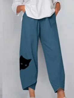 Women's Cotton Linen Pants Chinos Capri shorts Streetwear Simple Casual Ankle-Length Mid Waist Cat Baggy Print Breathable Soft Outdoor Micro-elastic Outdoor Vacation Casual Daily Navy Purple Khaki Women Pants