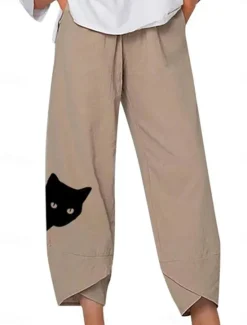 Women's Cotton Linen Pants Chinos Capri shorts Streetwear Simple Casual Ankle-Length Mid Waist Cat Baggy Print Breathable Soft Outdoor Micro-elastic Outdoor Vacation Casual Daily Navy Purple Khaki Women Pants