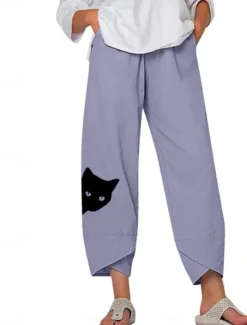 Women's Cotton Linen Pants Chinos Capri shorts Streetwear Simple Casual Ankle-Length Mid Waist Cat Baggy Print Breathable Soft Outdoor Micro-elastic Outdoor Vacation Casual Daily Navy Purple Khaki Women Pants