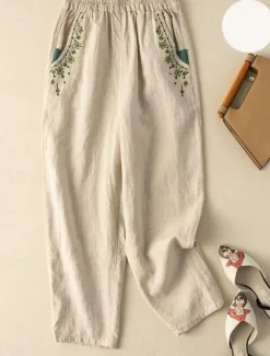 New Women's Cotton Linen Pants Baggy Pants Chinos Fashion Streetwear Ethnic Style Full Length High Waist Floral Embroidered Pocket Elastic Waistband Comfy Soft Comfortable Micro-elastic Outdoor Street Women Pants