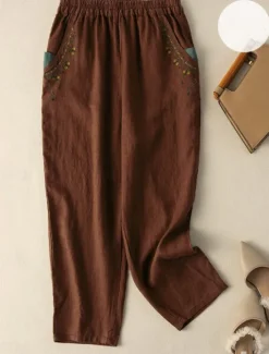 New Women's Cotton Linen Pants Baggy Pants Chinos Fashion Streetwear Ethnic Style Full Length High Waist Floral Embroidered Pocket Elastic Waistband Comfy Soft Comfortable Micro-elastic Outdoor Street Women Pants