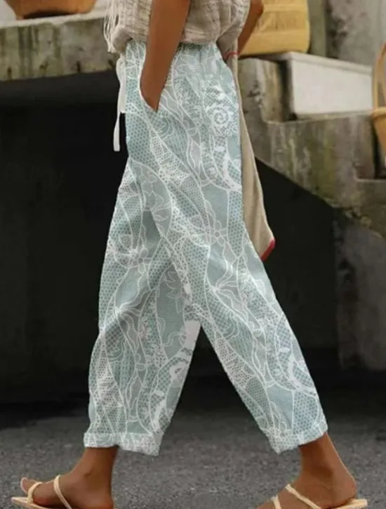 Outlet Women's Cotton Linen Pants Baggy Pants Linen Like Fashion Streetwear Full Length High Waist Floral Graphic Printing Thermal Warm Breathable Soft Micro-elastic Outdoor Daily Women Pants|Leggings