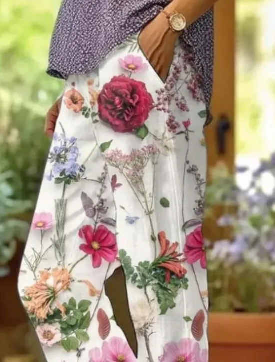 Outlet Women's Cotton Linen Pants Baggy Pants Linen Like Fashion Streetwear Full Length High Waist Floral Graphic Printing Thermal Warm Breathable Soft Micro-elastic Outdoor Daily Women Pants|Leggings