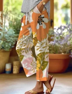 Outlet Women's Cotton Linen Pants Baggy Pants Linen Like Fashion Streetwear Full Length High Waist Floral Graphic Printing Thermal Warm Breathable Soft Micro-elastic Outdoor Daily Women Pants|Leggings
