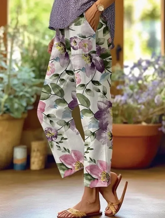 Outlet Women's Cotton Linen Pants Baggy Pants Linen Like Fashion Streetwear Full Length High Waist Floral Graphic Printing Thermal Warm Breathable Soft Micro-elastic Outdoor Daily Women Pants|Leggings