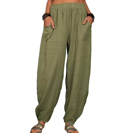 Outlet Women's Cotton Linen Pants Baggy Pants Harem Pants Comfort Solid Color Pocket Elastic Waist Causal Black White Army Green Dark Navy Summer Spring Fall Women Pants