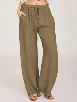 Outlet Women's Cotton Linen Pants Pants Trousers Casual Daily Long Plain Drawstring Side Pockets Breathability Comfortable Inelastic Weekend White Navy Blue Khaki Gray Summer Regular Fit Women Pants