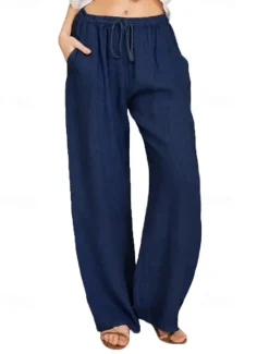 Outlet Women's Cotton Linen Pants Pants Trousers Casual Daily Long Plain Drawstring Side Pockets Breathability Comfortable Inelastic Weekend White Navy Blue Khaki Gray Summer Regular Fit Women Pants