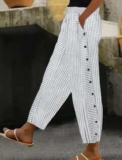 Clearance Women's Cotton Linen Pants Slacks Pants Trousers Streetwear Casual Full Length Natural Striped Pocket Elastic Drawstring Design Breathability Soft Micro-elastic Casual Daily Wear Light Yellow Dark Women Pants