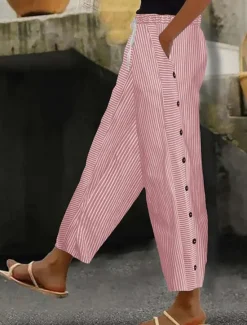Clearance Women's Cotton Linen Pants Slacks Pants Trousers Streetwear Casual Full Length Natural Striped Pocket Elastic Drawstring Design Breathability Soft Micro-elastic Casual Daily Wear Light Yellow Dark Women Pants