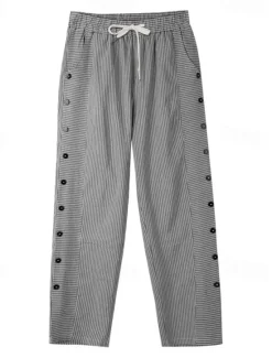 Clearance Women's Cotton Linen Pants Slacks Pants Trousers Streetwear Casual Full Length Natural Striped Pocket Elastic Drawstring Design Breathability Soft Micro-elastic Casual Daily Wear Light Yellow Dark Women Pants