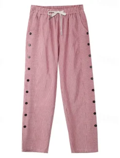 Clearance Women's Cotton Linen Pants Slacks Pants Trousers Streetwear Casual Full Length Natural Striped Pocket Elastic Drawstring Design Breathability Soft Micro-elastic Casual Daily Wear Light Yellow Dark Women Pants