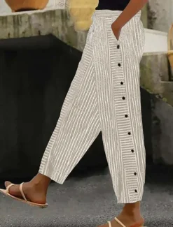 Clearance Women's Cotton Linen Pants Slacks Pants Trousers Streetwear Casual Full Length Natural Striped Pocket Elastic Drawstring Design Breathability Soft Micro-elastic Casual Daily Wear Light Yellow Dark Women Pants