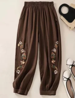 Outlet Women's Cotton Linen Pants Chinos Fashion Basic Ethnic Full Length Medium Waist Floral Embroidered Pocket Drawstring Comfort Outdoor Stretchy Vacation Street Causal Black White Coffee Summer Spring Women Pants
