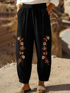 Outlet Women's Cotton Linen Pants Chinos Fashion Basic Ethnic Full Length Medium Waist Floral Embroidered Pocket Drawstring Comfort Outdoor Stretchy Vacation Street Causal Black White Coffee Summer Spring Women Pants
