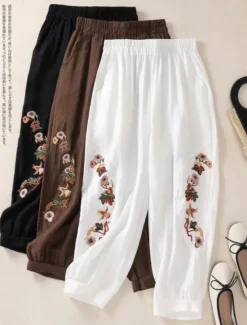 Outlet Women's Cotton Linen Pants Chinos Fashion Basic Ethnic Full Length Medium Waist Floral Embroidered Pocket Drawstring Comfort Outdoor Stretchy Vacation Street Causal Black White Coffee Summer Spring Women Pants
