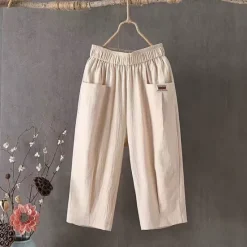 Online Women's Cotton Linen Pants Pants Trousers Casual Daily Calf-Length Plain Pocket Breathability Comfortable Inelastic Going out Weekend Black White Yellow Blue Spring & Summer Regular Fit Women Pants
