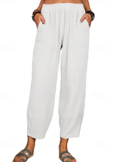 Online Women's Cotton Linen Pants Pants Trousers Lightweight Casual Ankle-Length High Rise Plain Pocket Breathability Comfortable Inelastic Casual Daily Weekend Wine Navy Black White Summer Spring Regular Women Pants