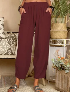 Online Women's Cotton Linen Pants Pants Trousers Lightweight Casual Ankle-Length High Rise Plain Pocket Breathability Comfortable Inelastic Casual Daily Weekend Wine Navy Black White Summer Spring Regular Women Pants