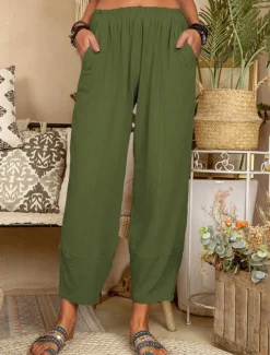 Online Women's Cotton Linen Pants Pants Trousers Lightweight Casual Ankle-Length High Rise Plain Pocket Breathability Comfortable Inelastic Casual Daily Weekend Wine Navy Black White Summer Spring Regular Women Pants