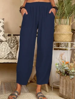 Online Women's Cotton Linen Pants Pants Trousers Lightweight Casual Ankle-Length High Rise Plain Pocket Breathability Comfortable Inelastic Casual Daily Weekend Wine Navy Black White Summer Spring Regular Women Pants